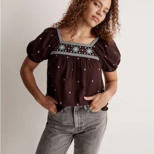 Madewell Dark Purple Embroidered Square-Neck Puff Sleeve Blouse